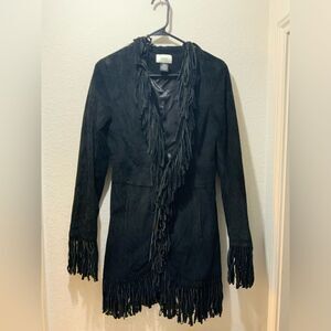 Neiman Marcus Fringe 100% leather lined  35” long jacket size S